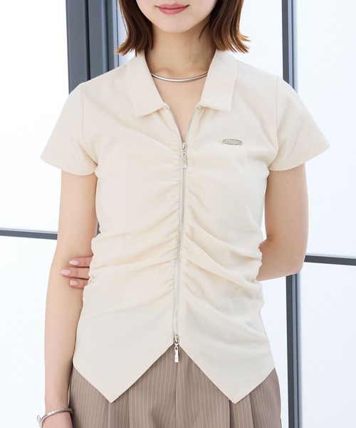 Elishe(エリシェ)の「ダブルジップフレンチスリーブトップス(Tシャツ/カットソー・レディース・アイボリー/パープル/ブラック・FREE)」の2枚目の写真