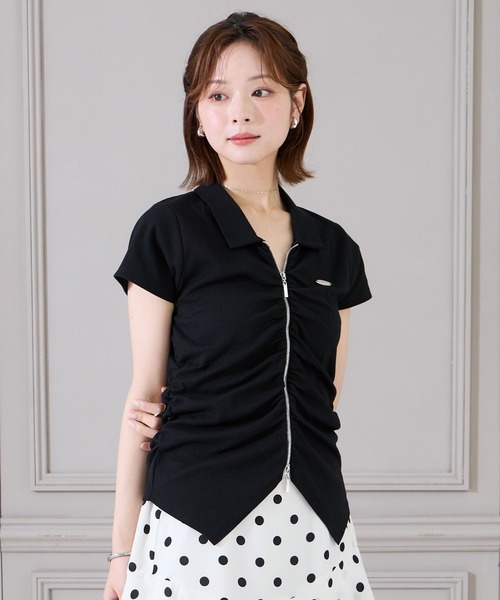 Elishe(エリシェ)の「ダブルジップフレンチスリーブトップス(Tシャツ/カットソー・レディース・アイボリー/パープル/ブラック・FREE)」の1枚目の写真