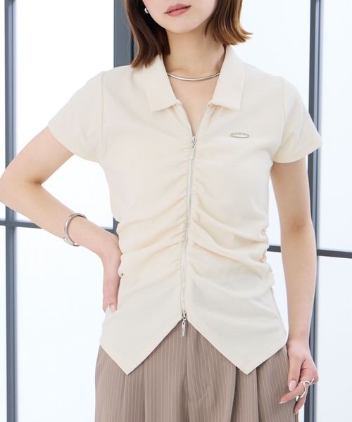 Elishe(エリシェ)の「ダブルジップフレンチスリーブトップス(Tシャツ/カットソー・レディース・アイボリー/パープル/ブラック・FREE)」の4枚目の写真