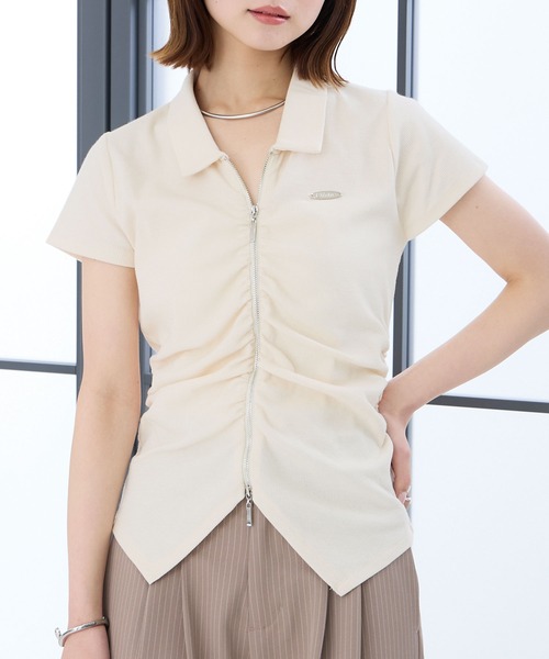 Elishe(エリシェ)の「ダブルジップフレンチスリーブトップス(Tシャツ/カットソー・レディース・アイボリー/パープル/ブラック・FREE)」の5枚目の写真