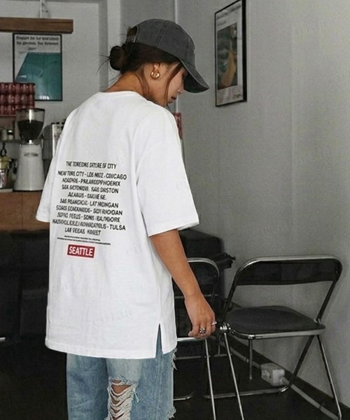 Dalfwin(ダールフィン)の「韓国ファッション SEATTLE英字バックプリント半袖Tシャツ(Tシャツ/カットソー・レディース・ベージュ/ホワイト/チャコールグレー/グレー・FREE)」の8枚目の写真