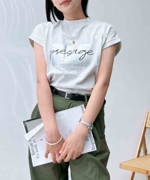 AS KNOW AS plus(アズノゥアズプラス)の「〇モックネック フレンチスリーブ ロゴTシャツ(Tシャツ/カットソー・レディース・ブラック/杢グレー/グリーン/オフホワイト・FREE)」の3枚目の写真