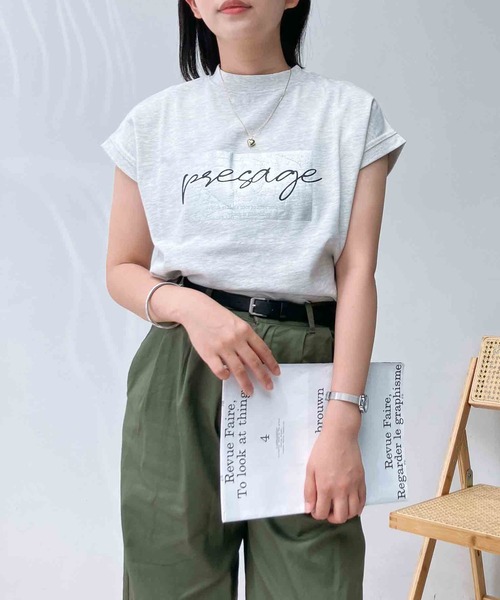 AS KNOW AS plus(アズノゥアズプラス)の「〇モックネック フレンチスリーブ ロゴTシャツ(Tシャツ/カットソー・レディース・ブラック/杢グレー/グリーン/オフホワイト・FREE)」の7枚目の写真
