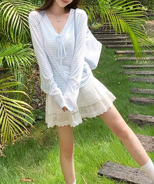 core core(コアコア)の「ボーダー柄シアーVネックカーディガン(カーディガン/ボレロ・レディース・ライトピンク/ライトブルー・FREE)」の4枚目の写真