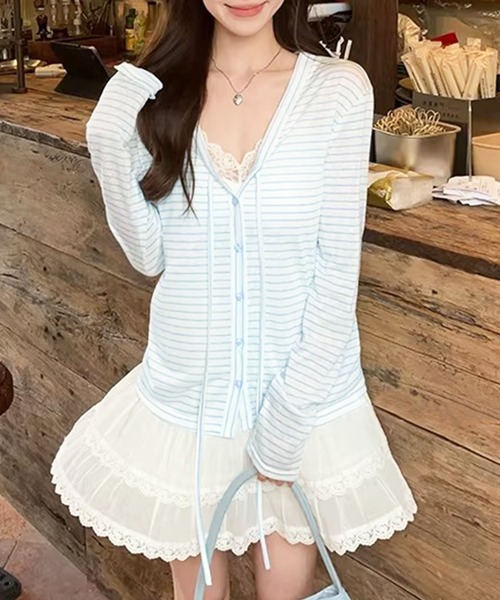 core core(コアコア)の「ボーダー柄シアーVネックカーディガン(カーディガン/ボレロ・レディース・ライトピンク/ライトブルー・FREE)」の6枚目の写真