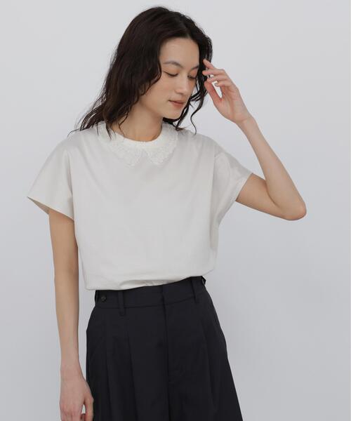human woman(ヒューマンウーマン)の「◆【ウォッシャブル】レース衿スムースTシャツ(Tシャツ/カットソー・レディース・グレー/ブラック・MEDIUM)」の1枚目の写真
