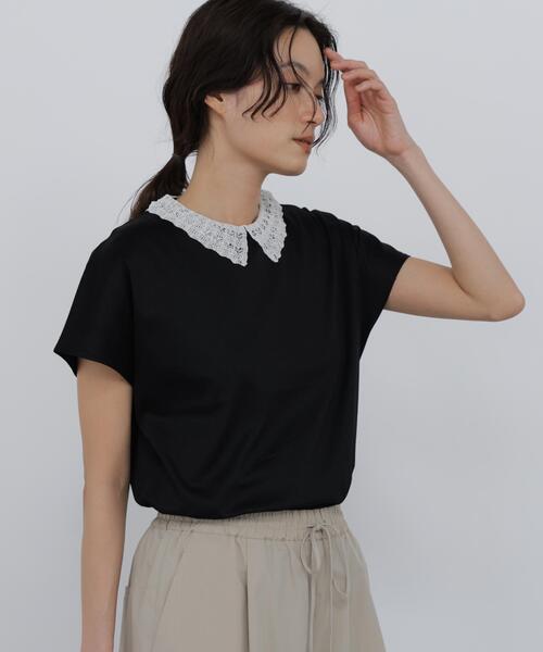 human woman(ヒューマンウーマン)の「◆【ウォッシャブル】レース衿スムースTシャツ(Tシャツ/カットソー・レディース・グレー/ブラック・MEDIUM)」の4枚目の写真