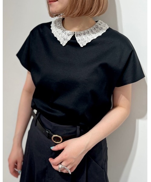 human woman(ヒューマンウーマン)の「◆【ウォッシャブル】レース衿スムースTシャツ(Tシャツ/カットソー・レディース・グレー/ブラック・MEDIUM)」の20枚目の写真