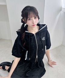 レース付ラメスウェットショートジップパーカー