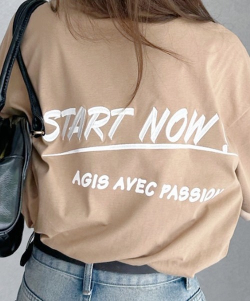 umune(ウムネ)の「Tシャツ 半袖 バックプリント ロゴ刺繍 配色ロゴ オーバーサイズ ビッグシルエット クルーネック カットソー トップス 夏(Tシャツ/カットソー・レディース・オートミール/ネイビー/ベージュ・FREE)」の5枚目の写真