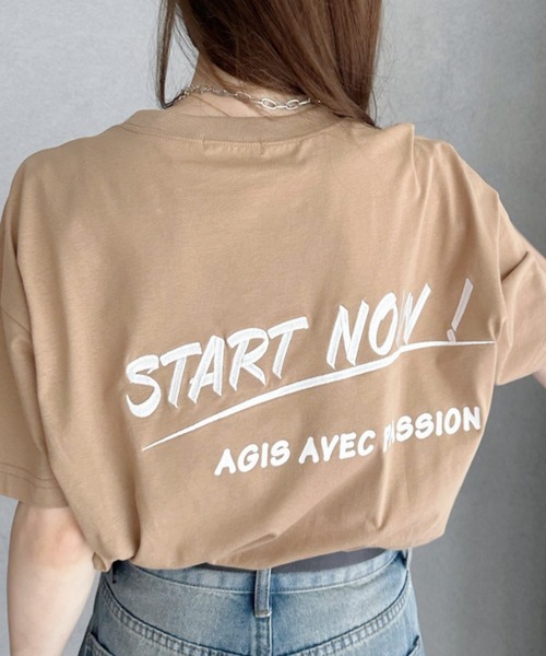 umune(ウムネ)の「Tシャツ 半袖 バックプリント ロゴ刺繍 配色ロゴ オーバーサイズ ビッグシルエット クルーネック カットソー トップス 夏(Tシャツ/カットソー・レディース・オートミール/ネイビー/ベージュ・FREE)」の8枚目の写真
