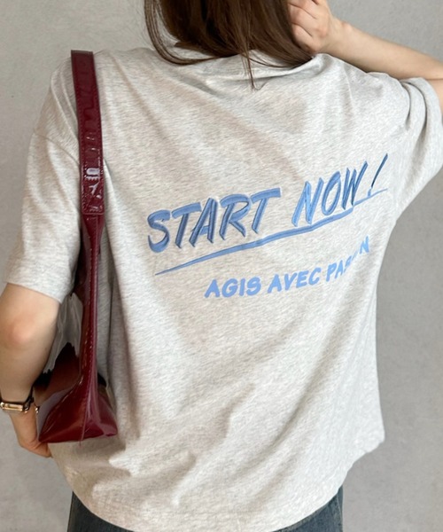umune(ウムネ)の「Tシャツ 半袖 バックプリント ロゴ刺繍 配色ロゴ オーバーサイズ ビッグシルエット クルーネック カットソー トップス 夏(Tシャツ/カットソー・レディース・オートミール/ネイビー/ベージュ・FREE)」の9枚目の写真