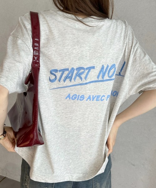 umune(ウムネ)の「Tシャツ 半袖 バックプリント ロゴ刺繍 配色ロゴ オーバーサイズ ビッグシルエット クルーネック カットソー トップス 夏(Tシャツ/カットソー・レディース・オートミール/ネイビー/ベージュ・FREE)」の10枚目の写真