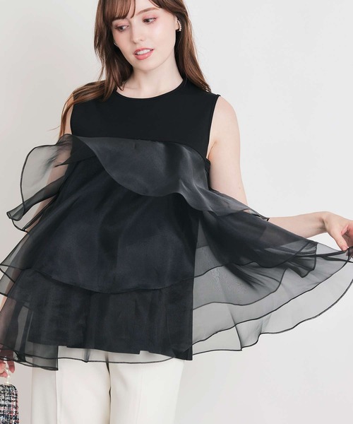 PICCIN PERLA(ピッチンペルラ)の「オーガンジーティアードノースリーブプルオーバー(Tシャツ/カットソー・レディース・ブラック/オフホワイト/ライトグリーン・M)」の2枚目の写真