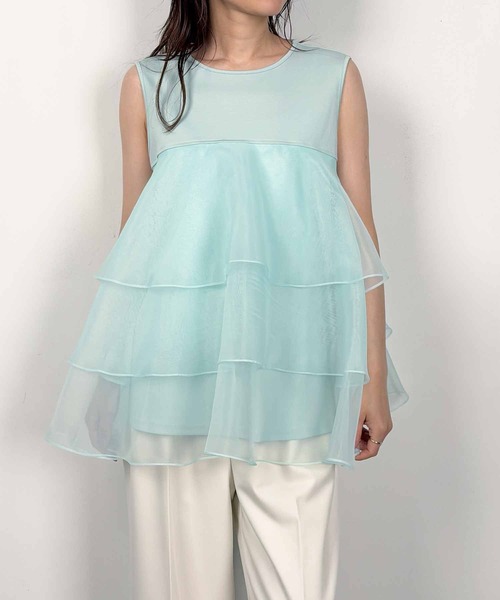 PICCIN PERLA(ピッチンペルラ)の「オーガンジーティアードノースリーブプルオーバー(Tシャツ/カットソー・レディース・ブラック/オフホワイト/ライトグリーン・M)」の4枚目の写真