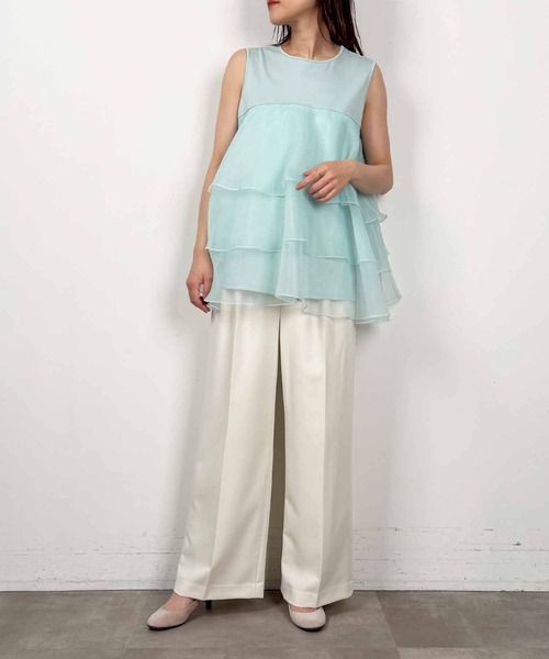 PICCIN PERLA(ピッチンペルラ)の「オーガンジーティアードノースリーブプルオーバー(Tシャツ/カットソー・レディース・ブラック/オフホワイト/ライトグリーン・M)」の6枚目の写真