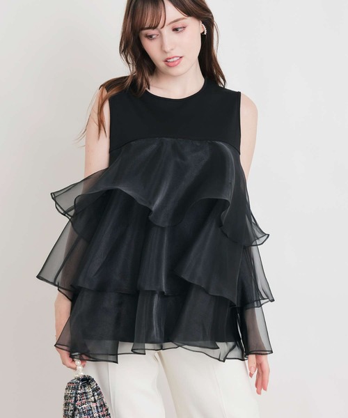 PICCIN PERLA(ピッチンペルラ)の「オーガンジーティアードノースリーブプルオーバー(Tシャツ/カットソー・レディース・ブラック/オフホワイト/ライトグリーン・M)」の14枚目の写真