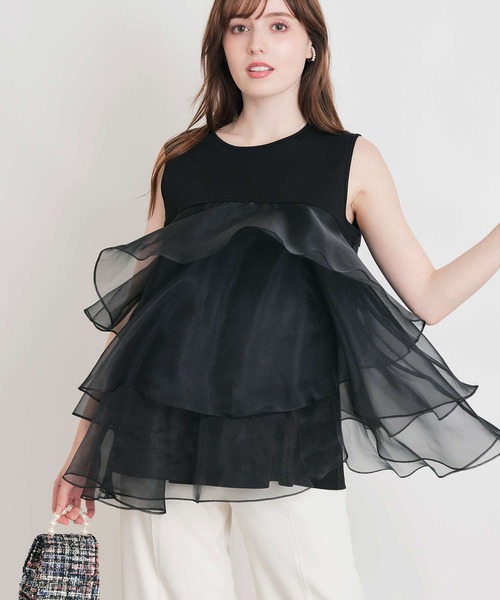 PICCIN PERLA(ピッチンペルラ)の「オーガンジーティアードノースリーブプルオーバー(Tシャツ/カットソー・レディース・ブラック/オフホワイト/ライトグリーン・M)」の17枚目の写真