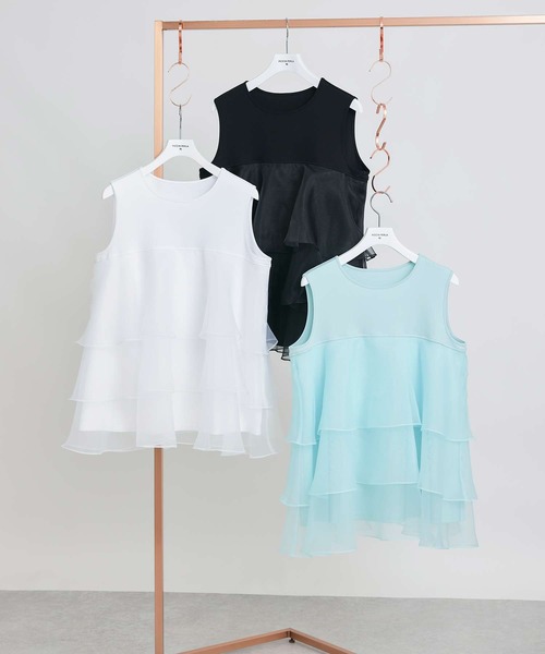 PICCIN PERLA(ピッチンペルラ)の「オーガンジーティアードノースリーブプルオーバー(Tシャツ/カットソー・レディース・ブラック/オフホワイト/ライトグリーン・M)」の21枚目の写真