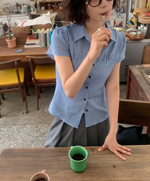 VIVID LADY（ビビッドレディー）の「チェック柄 半袖カラーシャツ（シャツ/ブラウス・レディース・グレー/ネイビー/ライトブルー・FREE）」の13枚目の写真