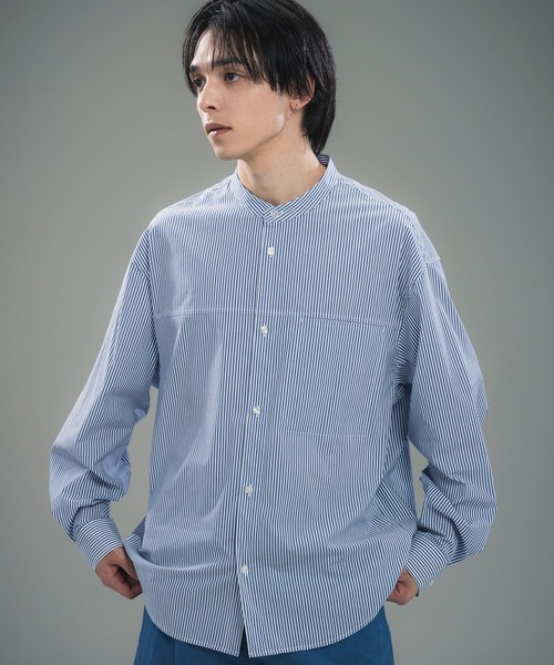 +phenix(プラスフェニックス)の「+phenix(プラスフェニックス)SEAM POCKET BAND COLLAR SHIRT / シームポケット バンドカラーシャツ(シャツ/ブラウス・メンズ・ブルー/ブラック/サックスブルー・M/XL/L)」の1枚目の写真