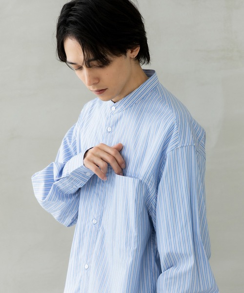 +phenix(プラスフェニックス)の「+phenix(プラスフェニックス)SEAM POCKET BAND COLLAR SHIRT / シームポケット バンドカラーシャツ(シャツ/ブラウス・メンズ・ブルー/ブラック/サックスブルー・M/XL/L)」の13枚目の写真