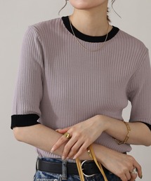 《ひんやり、なめらか。》配色デザインがさりげなく映える。接触冷感クールタッチニットリブプルオーバー 半袖