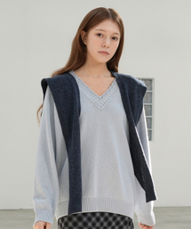 [Cotton 100%] Loose-Fit Raglan V-Neck Knit (sky blue)