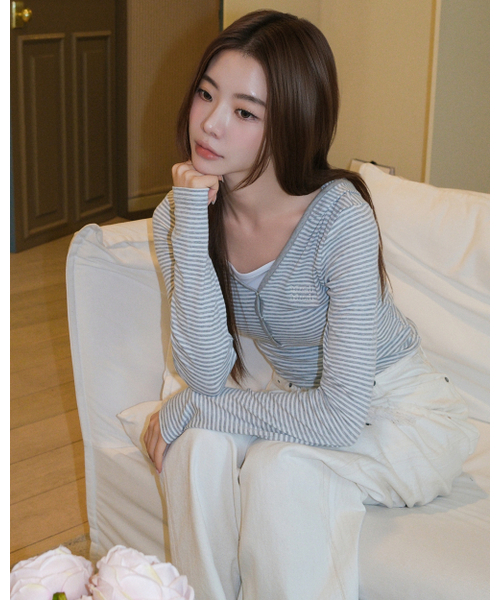 muahmuah（ムーアムーア）の「起毛ストライプ フード長袖Tシャツ [グレー]（Tシャツ/カットソー・レディース・その他・FREE）」の5枚目の写真