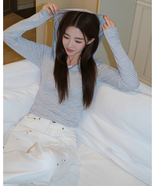 muahmuah（ムーアムーア）の「起毛ストライプ フード長袖Tシャツ [グレー]（Tシャツ/カットソー・レディース・その他・FREE）」の8枚目の写真