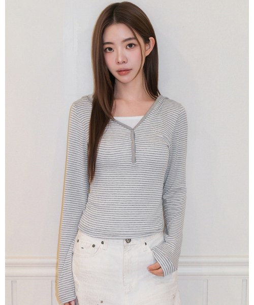 muahmuah（ムーアムーア）の「起毛ストライプ フード長袖Tシャツ [グレー]（Tシャツ/カットソー・レディース・その他・FREE）」の10枚目の写真
