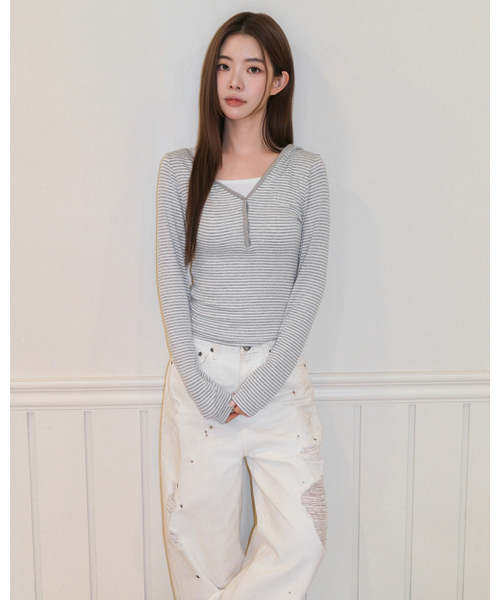 muahmuah（ムーアムーア）の「起毛ストライプ フード長袖Tシャツ [グレー]（Tシャツ/カットソー・レディース・その他・FREE）」の11枚目の写真