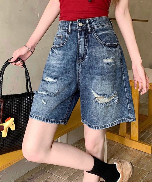 GLAMOROUS JANE（グラマラスジェーン）の「ダメージデニムハーフパンツ（デニムパンツ・レディース・インディゴブルー/ブルー・S/M/L）」の2枚目の写真