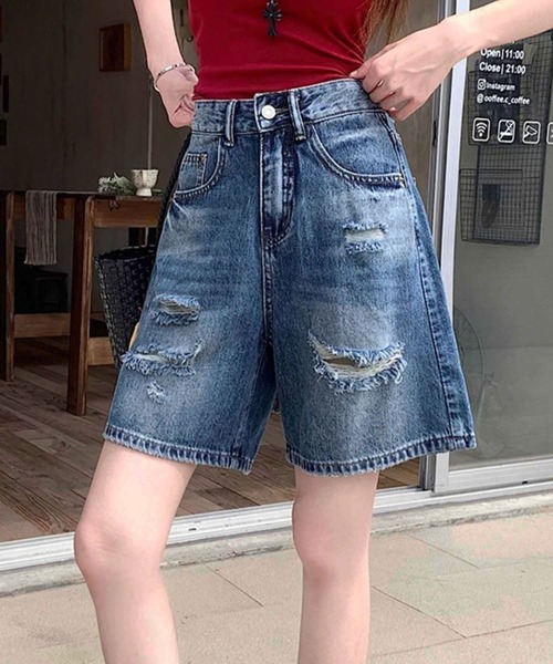 GLAMOROUS JANE（グラマラスジェーン）の「ダメージデニムハーフパンツ（デニムパンツ・レディース・インディゴブルー/ブルー・S/M/L）」の3枚目の写真