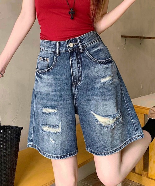 GLAMOROUS JANE（グラマラスジェーン）の「ダメージデニムハーフパンツ（デニムパンツ・レディース・インディゴブルー/ブルー・S/M/L）」の4枚目の写真
