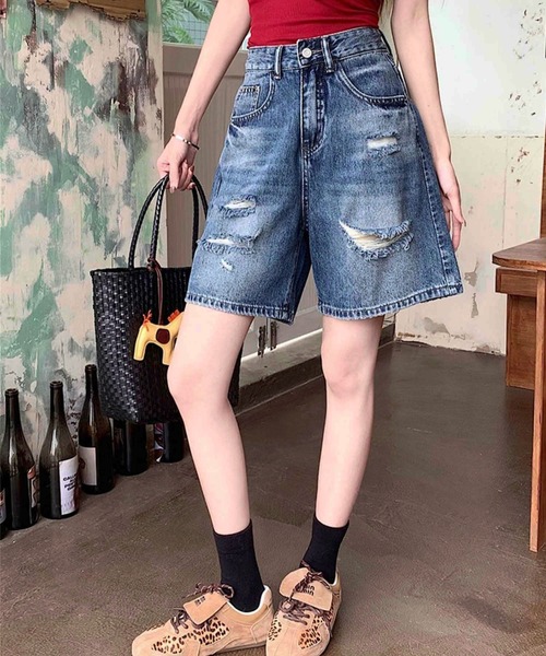 GLAMOROUS JANE（グラマラスジェーン）の「ダメージデニムハーフパンツ（デニムパンツ・レディース・インディゴブルー/ブルー・S/M/L）」の5枚目の写真