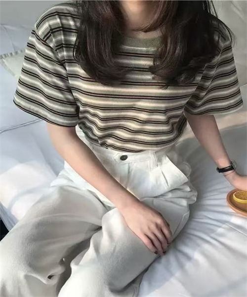 Dream garden（ドリームガーデン）の「マルチボーダー 半袖 Tシャツ（Tシャツ/カットソー・レディース・レッド/グリーン/ライトブラウン・M/L/XL/XXL）」の2枚目の写真