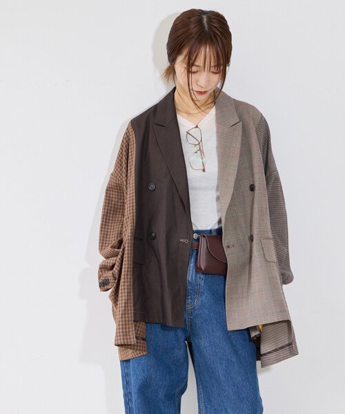etsinta(エシンタ)の「【etsinta】パッチワークテーラーオーバージャケット(テーラードジャケット・レディース・ネイビー/ブラウン・ONE SIZE)」の3枚目の写真