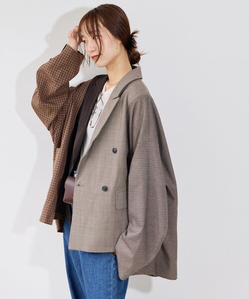 etsinta(エシンタ)の「【etsinta】パッチワークテーラーオーバージャケット(テーラードジャケット・レディース・ネイビー/ブラウン・ONE SIZE)」の4枚目の写真