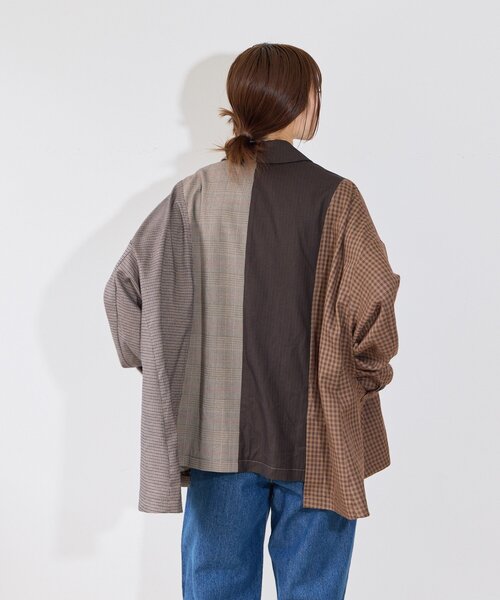 etsinta(エシンタ)の「【etsinta】パッチワークテーラーオーバージャケット(テーラードジャケット・レディース・ネイビー/ブラウン・ONE SIZE)」の5枚目の写真