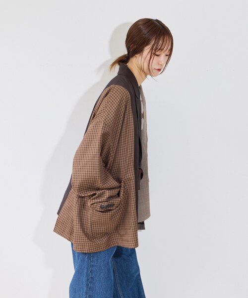 etsinta(エシンタ)の「【etsinta】パッチワークテーラーオーバージャケット(テーラードジャケット・レディース・ネイビー/ブラウン・ONE SIZE)」の6枚目の写真