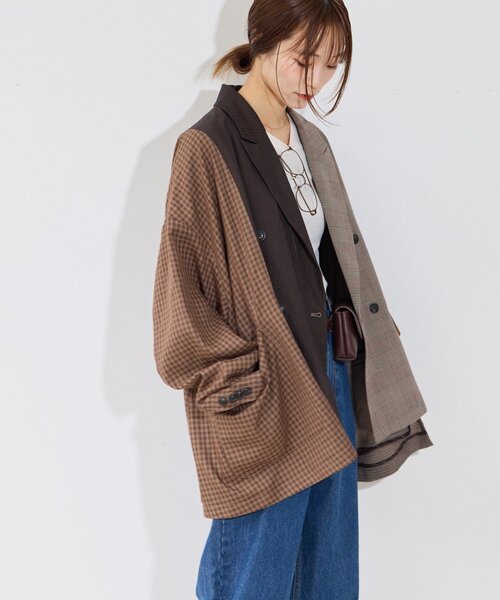 etsinta(エシンタ)の「【etsinta】パッチワークテーラーオーバージャケット(テーラードジャケット・レディース・ネイビー/ブラウン・ONE SIZE)」の7枚目の写真