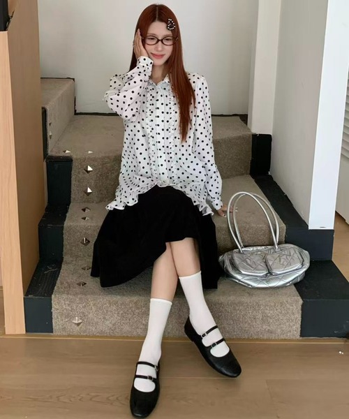 AsRiRe（アスリレイ）の「26aw　四色展開/ ドット柄フロントフリルオーバーサイズシャツブラウス（シャツ/ブラウス・レディース・グリーン/ホワイト/ピンク/ブルー・M）」の22枚目の写真