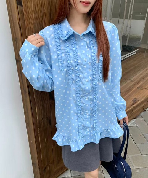 AsRiRe（アスリレイ）の「26aw　四色展開/ ドット柄フロントフリルオーバーサイズシャツブラウス（シャツ/ブラウス・レディース・グリーン/ホワイト/ピンク/ブルー・M）」の5枚目の写真