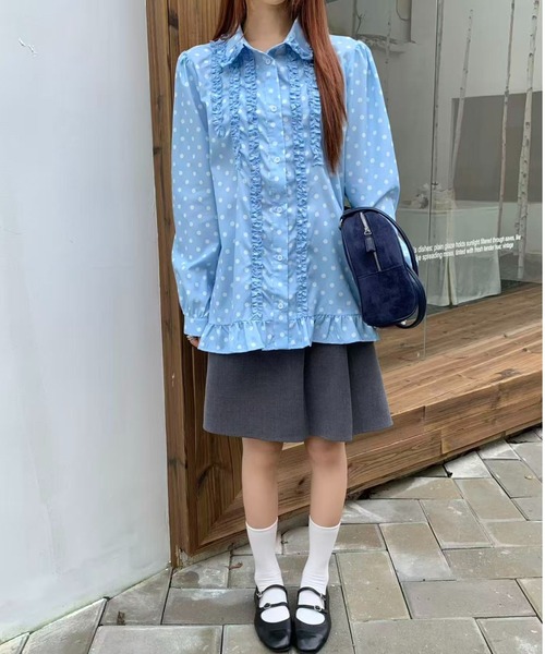 AsRiRe（アスリレイ）の「26aw　四色展開/ ドット柄フロントフリルオーバーサイズシャツブラウス（シャツ/ブラウス・レディース・グリーン/ホワイト/ピンク/ブルー・M）」の6枚目の写真