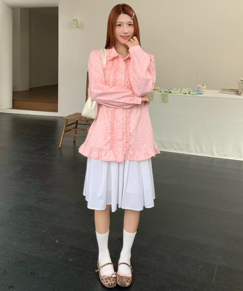 AsRiRe（アスリレイ）の「26aw　四色展開/ ドット柄フロントフリルオーバーサイズシャツブラウス（シャツ/ブラウス・レディース・グリーン/ホワイト/ピンク/ブルー・M）」の8枚目の写真