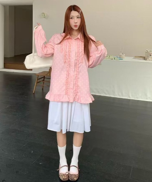 AsRiRe（アスリレイ）の「26aw　四色展開/ ドット柄フロントフリルオーバーサイズシャツブラウス（シャツ/ブラウス・レディース・グリーン/ホワイト/ピンク/ブルー・M）」の9枚目の写真
