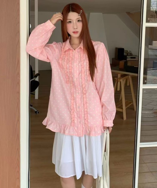 AsRiRe（アスリレイ）の「26aw　四色展開/ ドット柄フロントフリルオーバーサイズシャツブラウス（シャツ/ブラウス・レディース・グリーン/ホワイト/ピンク/ブルー・M）」の10枚目の写真