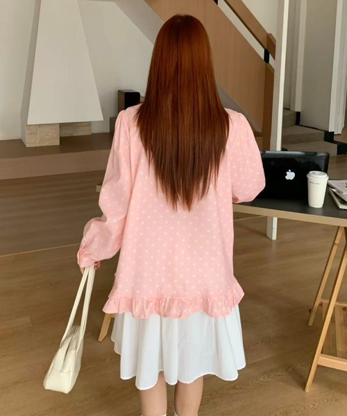 AsRiRe（アスリレイ）の「26aw　四色展開/ ドット柄フロントフリルオーバーサイズシャツブラウス（シャツ/ブラウス・レディース・グリーン/ホワイト/ピンク/ブルー・M）」の11枚目の写真