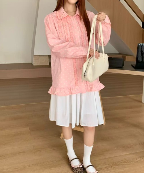 AsRiRe（アスリレイ）の「26aw　四色展開/ ドット柄フロントフリルオーバーサイズシャツブラウス（シャツ/ブラウス・レディース・グリーン/ホワイト/ピンク/ブルー・M）」の14枚目の写真